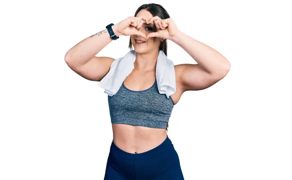 Young Hispanic Girl Wearing Sportswear Towel Doing Heart Shape Hand — Stock Photo, Image