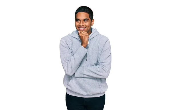 Young Handsome Hispanic Man Wearing Casual Sweatshirt Hand Chin Thinking — Stock Photo, Image