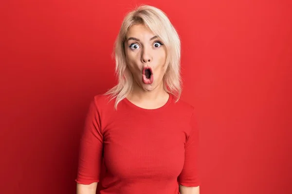 Young Blonde Girl Wearing Casual Clothes Afraid Shocked Surprise Expression — Stock Photo, Image