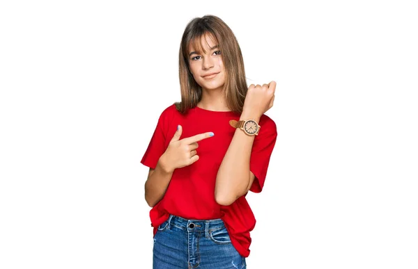 Teenager Kaukasisches Mädchen Lässigem Rotem Shirt Eile Zeigt Auf Die — Stockfoto