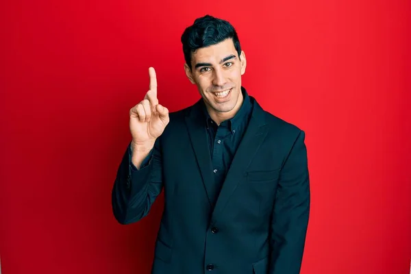 Handsome Hispanic Man Wearing Business Clothes Showing Pointing Finger Number — Stock Photo, Image