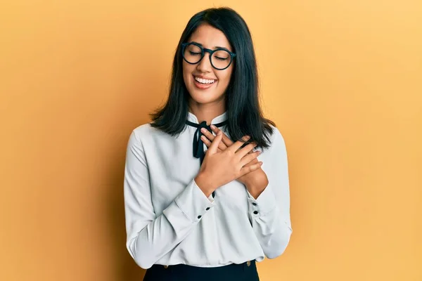 Beautiful Asian Young Woman Wearing Business Shirt Smiling Hands Chest — Stock Photo, Image