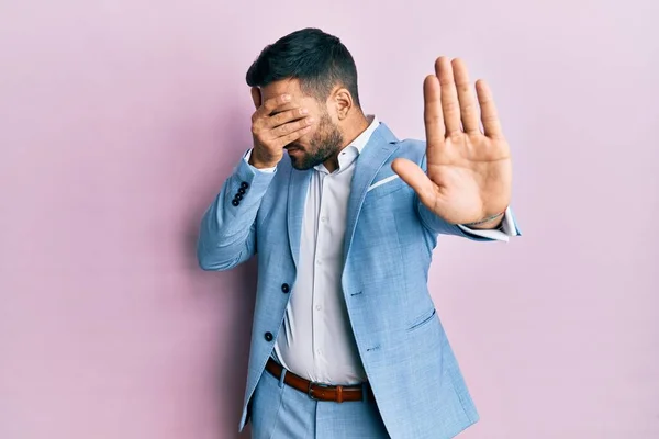 Young Hispanic Businessman Wearing Business Jacket Covering Eyes Hands Doing — Stock Photo, Image