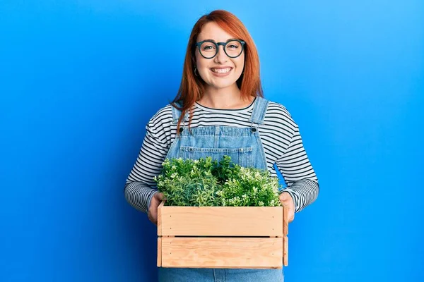 Mooie Roodharige Vrouw Met Houten Plantenpot Glimlachend Met Een Vrolijke — Stockfoto