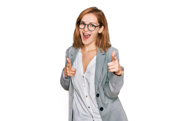 Young Caucasian Woman Wearing Business Style Glasses Pointing Fingers Camera — Stock Photo, Image