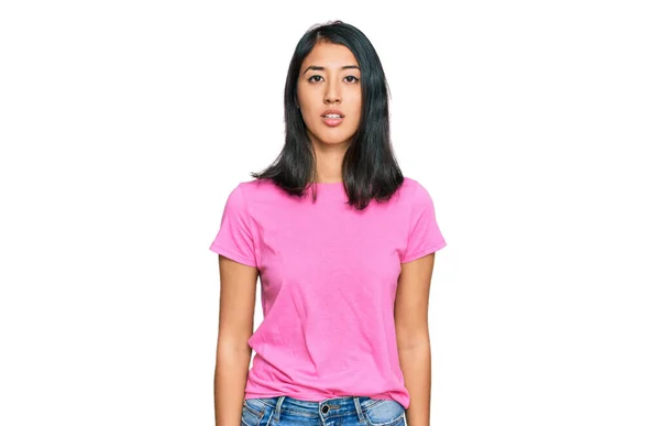 Beautiful Asian Young Woman Wearing Casual Pink Shirt Relaxed Serious — Stock Photo, Image