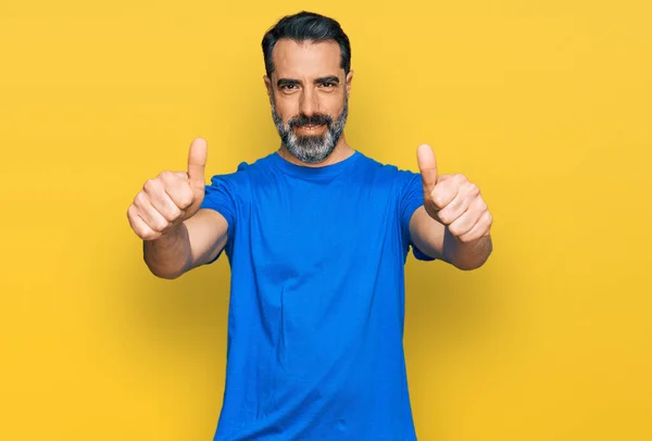 Middle Aged Man Beard Wearing Casual Blue Shirt Approving Doing — Stock Photo, Image