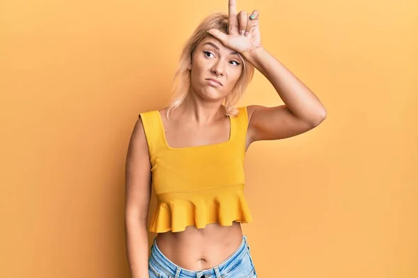 Young Blonde Girl Wearing Casual Clothes Making Fun People Fingers — Stock Photo, Image