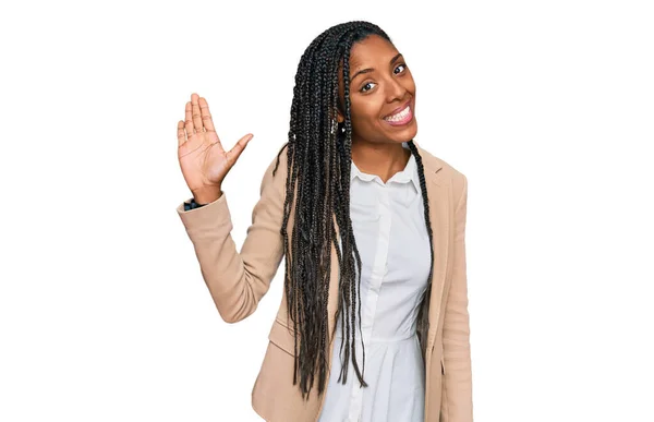 Africano Americano Mulher Vestindo Jaqueta Negócios Renúncia Dizendo Olá Feliz — Fotografia de Stock