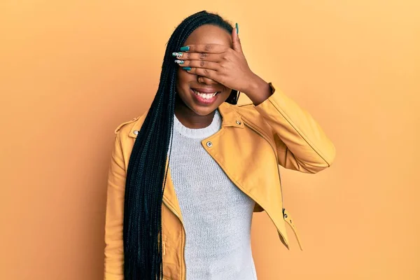 Young African American Woman Wearing Casual Jacket Smiling Laughing Hand — Stock Photo, Image