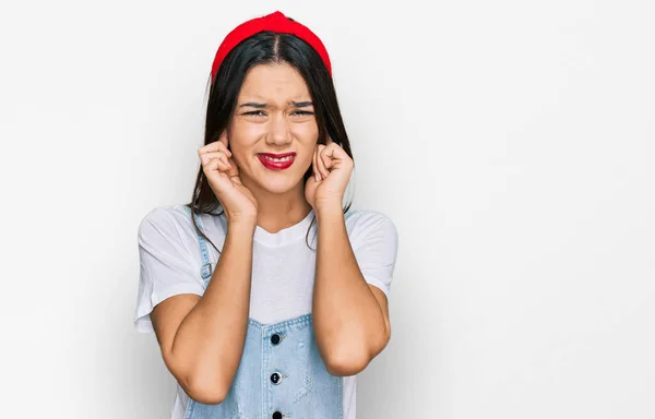 Young Hispanic Girl Wearing Casual Clothes Covering Ears Fingers Annoyed — Stock Photo, Image