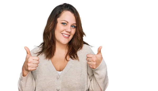 Young Size Woman Wearing Casual Clothes Success Sign Doing Positive — Stock Photo, Image