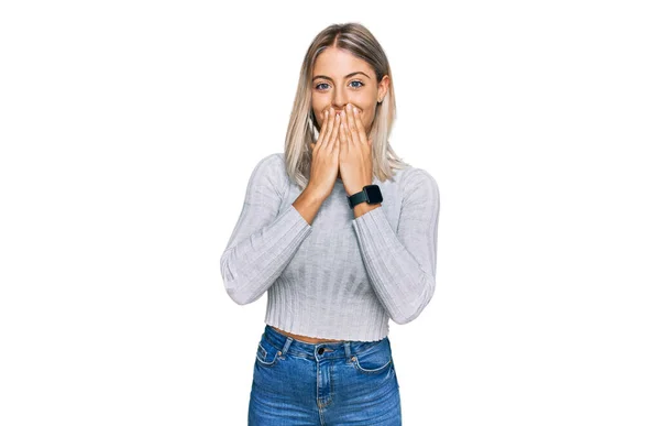 Beautiful Blonde Woman Wearing Casual Clothes Laughing Embarrassed Giggle Covering — Stock Photo, Image