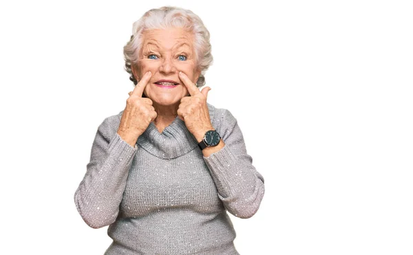 Senior Grey Haired Woman Wearing Casual Winter Sweater Smiling Open — Stock Photo, Image