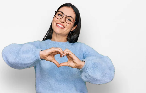 Young Hispanic Woman Wearing Casual Clothes Glasses Smiling Love Doing — Stock Photo, Image