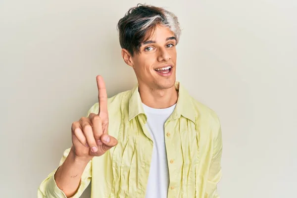 Young Hispanic Man Wearing Casual Clothes Smiling Idea Question Pointing — Stock Photo, Image