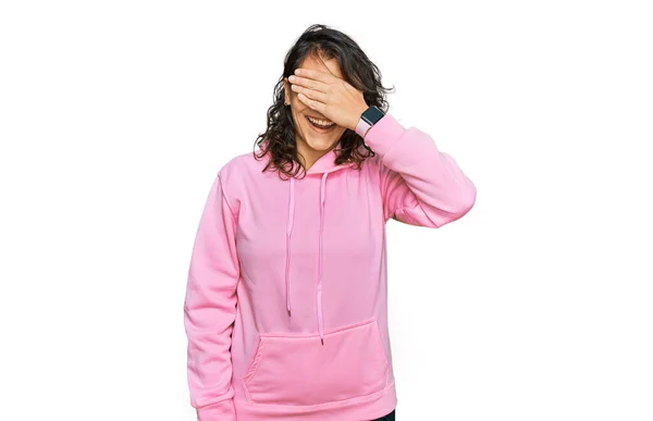 Young Hispanic Woman Wearing Casual Sweatshirt Smiling Laughing Hand Face — Stock Photo, Image