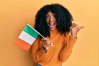 Afro saçlı, elinde İrlanda bayrağı olan, gülümseyen, ağzı açık Afro-Amerikan bir kadın. 