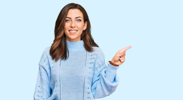 Young Brunette Woman Wearing Casual Winter Sweater Big Smile Face — Stock Photo, Image