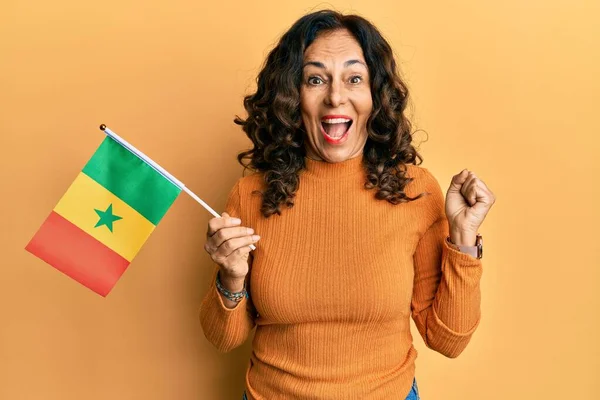 Donna Ispanica Mezza Età Che Tiene Bandiera Senegalese Urlando Orgoglioso — Foto Stock