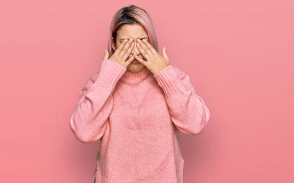 Hispanic Woman Pink Hair Wearing Casual Winter Sweater Rubbing Eyes — Stock Photo, Image