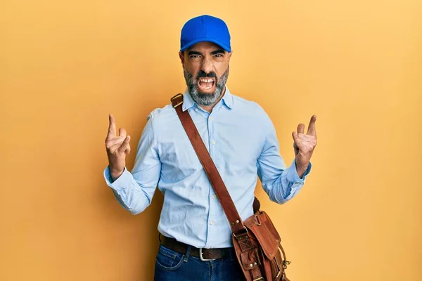 Middle Age Man Beard Grey Hair Wearing Delivery Courier Cap — Stock Photo, Image