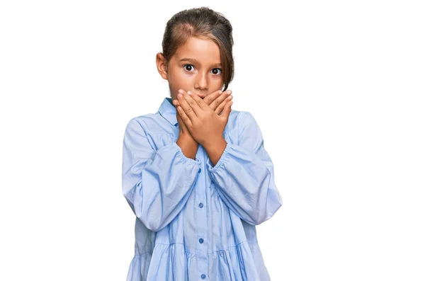 Little Beautiful Girl Wearing Casual Clothes Shocked Covering Mouth Hands — Stock Photo, Image