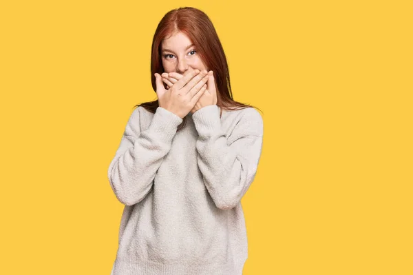 Young Read Head Woman Wearing Casual Winter Sweater Shocked Covering — Stock Photo, Image