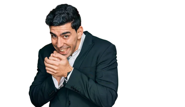 Handsome Hispanic Man Wearing Business Clothes Laughing Nervous Excited Hands — Stock Photo, Image