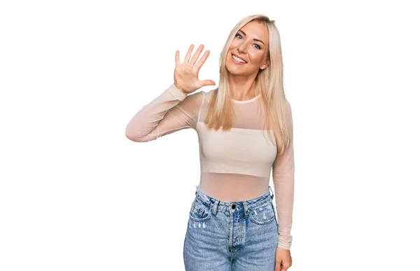 Young Blonde Woman Wearing Casual Clothes Showing Pointing Fingers Number — Stock Photo, Image