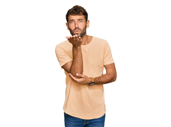 Handsome Young Man Beard Wearing Casual Tshirt Looking Camera Blowing — Stock Photo, Image