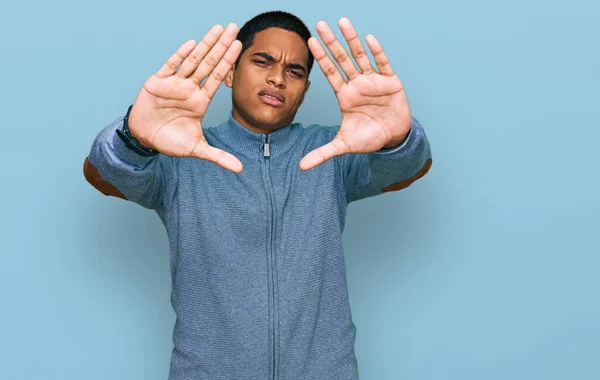 Young Handsome Hispanic Man Wearing Casual Sweatshirt Doing Frame Using — Stock Photo, Image