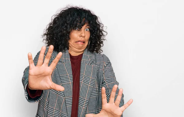 Young Hispanic Woman Wearing Business Clothes Afraid Terrified Fear Expression — Stock Photo, Image