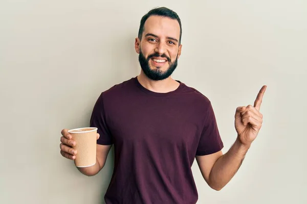 Young Man Beard Drinking Take Away Cup Coffee Smiling Happy — Stock Photo, Image