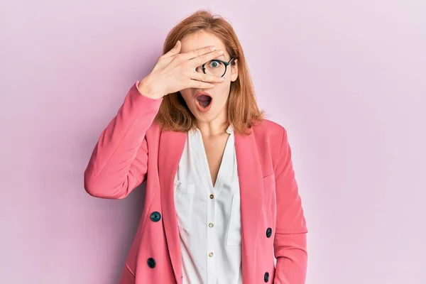 Young Caucasian Woman Wearing Business Style Glasses Peeking Shock Covering — Stock Photo, Image