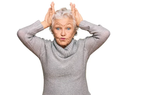 Senior Grey Haired Woman Wearing Casual Winter Sweater Doing Bunny — Stock Photo, Image