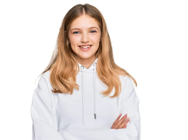 Mooi Jong Kaukasisch Meisje Met Casual Sweatshirt Vrolijk Gezicht Glimlachend — Stockfoto
