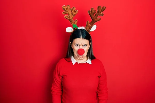 Young Hispanic Woman Wearing Deer Christmas Hat Red Nose Depressed — Stock Photo, Image