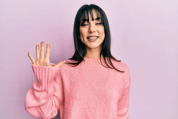 Young Brunette Woman Bangs Wearing Casual Winter Sweater Showing Pointing — Stock Photo, Image