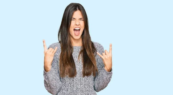 Young Brunette Woman Wearing Casual Winter Sweater Shouting Crazy Expression — Stock Photo, Image
