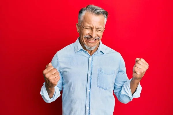 Hombre Pelo Gris Mediana Edad Vistiendo Ropa Casual Emocionado Por —  Fotos de Stock