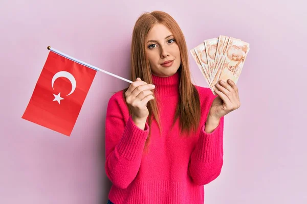 Young Irish Woman Holding Turkey Flag Liras Banknotes Relaxed Serious — Stock Photo, Image