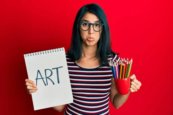 Beautiful Asian Young Woman Holding Art Notebook Colored Pencils Depressed — Stock Photo, Image