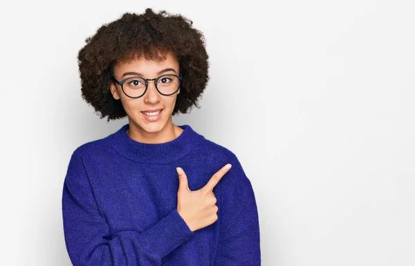 Young Hispanic Girl Wearing Casual Winter Sweater Glasses Cheerful Smile — Stock Photo, Image