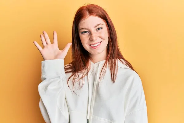 Young Red Head Girl Wearing Casual Sweatshirt Showing Pointing Fingers — Stock Photo, Image