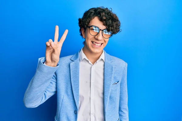 Hispanic Young Man Wearing Business Jacket Glasses Smiling Happy Face — Stock Photo, Image