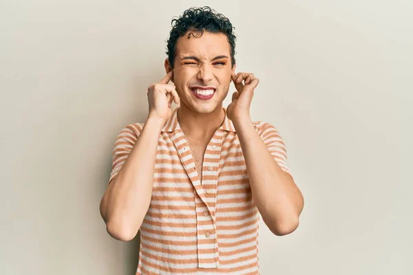 Handsome Man Wearing Make Wearing Casual Shirt Covering Ears Fingers — Stock Photo, Image