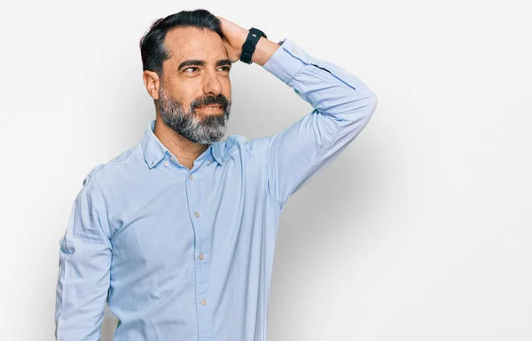 Middle Aged Man Beard Wearing Business Shirt Smiling Confident Touching — Stock Photo, Image