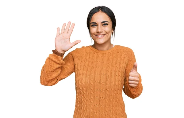 Young Brunette Woman Wearing Casual Winter Sweater Showing Pointing Fingers — Stock Photo, Image