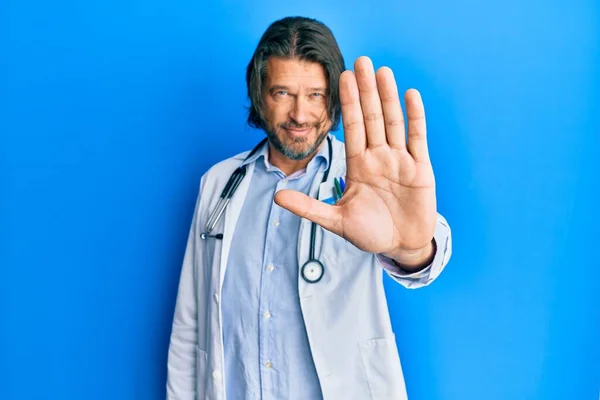 Middle Age Handsome Man Wearing Doctor Uniform Stethoscope Doing Stop — Stock Photo, Image